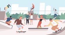 Happy Teenage Boys And Girls Or Skateboarders Riding Skateboards At Skatepark. Young Men And Women Skateboarding And Performing Tricks On Funboxes At Skate Park. Flat Cartoon Vector Illustration.