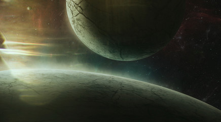 planet rising in space with bright star light 3d illustration