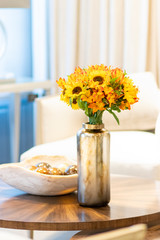 Floral arrangement  of sunflowers decorating the living room of the house