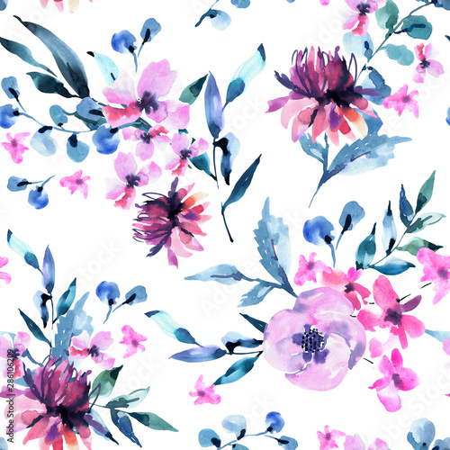 Watercolor Seamless Pattern of Vintage lilac Turquoise Flowers, Wildflowers. Natural Pink Floral Texture on White Background.