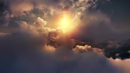 Wall Mural - flying through heavenly beautiful sunny cloudscape. amazing timelapse of golden fluffy clouds moving