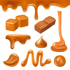 Wall Mural - Caramel liquid. Drops and splashes from candy and caramel sweet creamy dessert cooking syrup vector realistic. Illustration of liquid caramel, sweet drip dessert