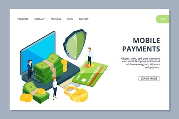 Wall Mural - mobile payments landing page. isometric online banking vector web banner. illustration payment onlin
