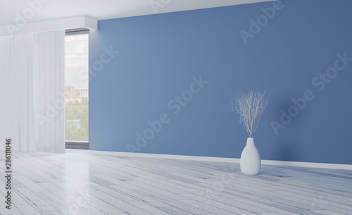 Empty Interior With Blue Walls And Large Window Decorative