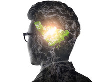 The Double Exposure Image Of The Businessman Standing During Sunrise Overlay With Forest Image And White Copy Space. The Concept Of Nature, Freedom, Environment And Business.