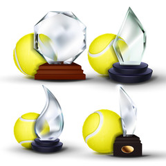 Wall Mural - Tennis Game Award Set Vector. Ball, Glass Trophy. Tournament. Design For Sport Promotion. Certificate, Diploma. Event Announcement. Banner Advertising Illustration