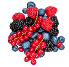 Mix Berries With Leaf Isolated On A White Background. Fresh Raspberry, Blueberry, Currant Berry, Blackberry And Mint Leaves.