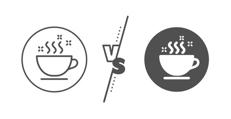 Hot cappuccino sign. Versus concept. Coffee cup line icon. Tea drink mug symbol. Line vs classic coffee cup icon. Vector