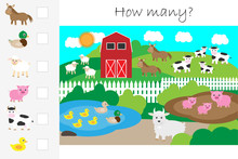 How Many Counting Game, Farm With Animals For Kids, Educational Maths Task For The Development Of Logical Thinking, Preschool Worksheet Activity, Count And Write The Result, Vector Illustration