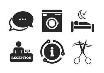 Wall Mural - Washing machine or laundry sign. Chat, info sign. Hotel services icons. Hairdresser or barbershop symbol. Reception registration table. Quiet sleep. Classic style speech bubble icon. Vector