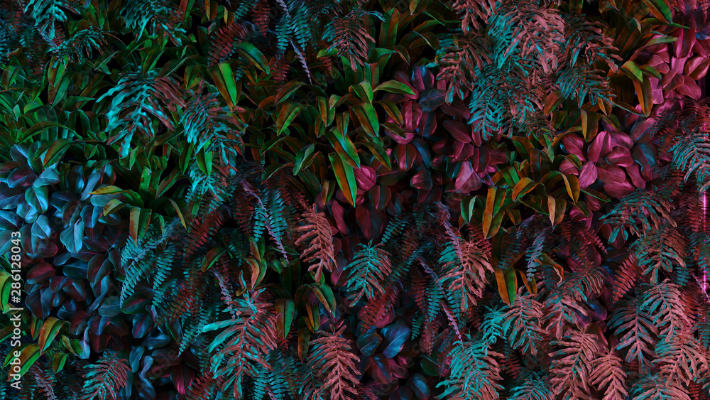 Neon tropical jungle forest leaves in vibrant color for retro poster background like stranger things. 80s 70s 60s. 3d rendering - obrazy, fototapety, plakaty 