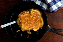 Overhead View Of Pecan Sweet Potato Grilled Cheese Sandwich In Frying Pan