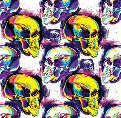 Seamless pattern Human skull, colorful drawing, sketch. Skull, death, magic.