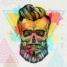 Hand Drawing Hipster Skull Illustration On Artistic Watercolor Background. Hipster Fashion Style