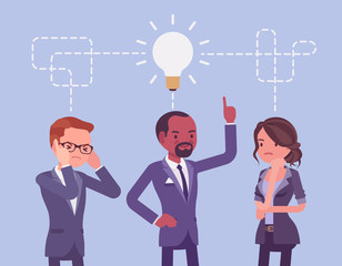 Wall Mural - Brainstorming business team. Male and female group discussion to produce ideas or solve office problems, company gathering for creativity technique solution. Vector flat style cartoon illustration