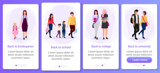 Education, first of september onboarding mobile app screen template. Back to school, college, kindergarten, university. Website steps with flat characters. UX, UI, GUI smartphone cartoon interface
