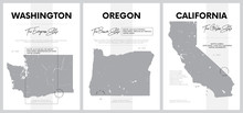 Vector Posters With Highly Detailed Silhouettes Of Maps Of The States Of America, Division Pacific - Washington, Oregon, California - Set 16 Of 17