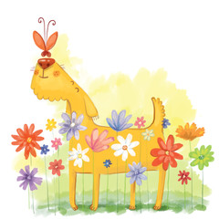 Illustration yellow dog in flowers