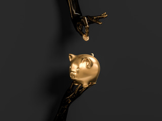  save money concept. Black and gold abstract hands and piggy bank  3d illustration