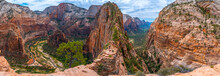 Panoramic Of The Zion Canyon Seen From The Angels Landing Trail High Up In The Mountain In Zion National Park, Utah. United States