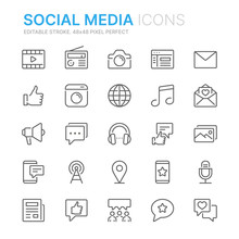 Collection Of Social Media Related Line Icons. 48x48 Pixel Perfect. Editable Stroke