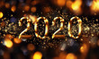 © 5ph - Golden black Christmas or New Year background, inscription 2020 with glitter, snowflakes, stars, bokeh lights on the festive background, raster illustration