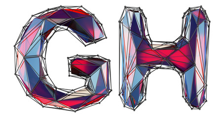 Realistic 3D letters set G, H made of low poly style. Collection symbols of low poly style red color glass isolated on white background 3d