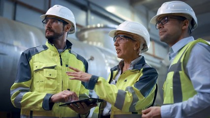 Wall Mural - Three Heavy Industry Engineers Stand in Pipe Manufacturing Factory, Use Digital Tablet Computer, Have Discussion. Large Pipe Assembled. Design and Construction of Oil, Gas and Fuels Transport Pipeline