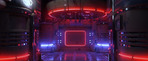 Wall Mural - 3D illustration of a futuristic room with blue and red neon lights. Cyberpunk scene. Industrial wallpaper.