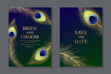 Wedding Invitation Design Or Greeting Card Templates With Golden Peacock Feathers On A Dark Blue And Green Background.