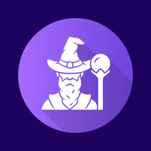 Wizard Purple Flat Design Long Shadow Glyph Icon. Sorcerer, Magician In Hat. Old Wise Man, Fantasy Druid. Fairytale Warlock With Beard. Halloween Costume. Vector Silhouette Illustration