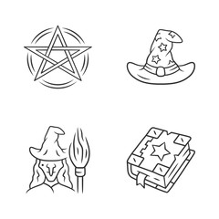 Sticker - Magic linear icons set. Pentagram, wizard hat, witch, spell book. Witchcraft, occult ritual items. Mystery objects. Thin line contour symbols. Isolated vector outline illustrations. Editable stroke