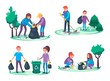 © Nesele - Boys and girls take away litter and garbage. Environmental cleanup concept. Group of People making a forest or park clean or tidy. Ecological vector illustration cartoon flat style.