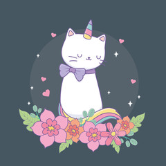 Poster - cute caticorn with floral decoration