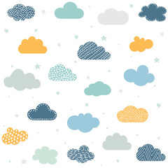 Wall Mural - Childish seamless background with  clouds and stars