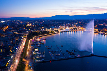 Wall Mural - Aerial  night view of Geneva city water fountain in Switzerland