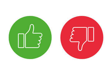 Thumbs up thumbs down red and green isolated vector like social media signs.