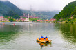 Panoramic view of Uzungol which is a tourist attraction in Trabzon, Turkey. The paddle boat on Uzungol.