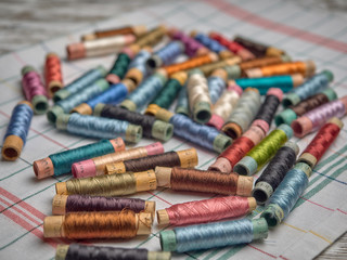 Wall Mural - Bright thread on wooden spools, thimbles and needles