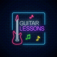 Guitar Lessons Glowing Neon Poster Or Banner Template. Guitar Training Advertising Flyer In Neon Style