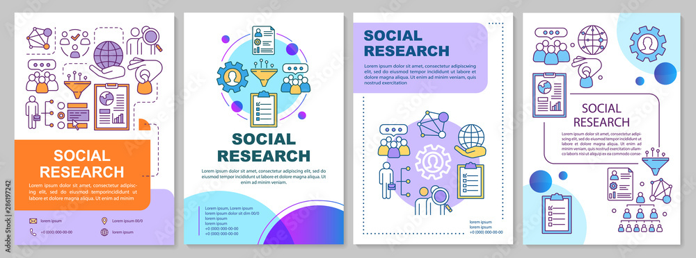 Social research brochure template layout. Sociology. Social poll, survey. Flyer, booklet, leaflet print design with linear illustrations. Vector page layouts, annual reports, advertising posters - obrazy, fototapety, plakaty 