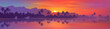 Colorful tropic sunset view to palm trees forest silhouettes with calm ocean water reflection. Vector banner illustration