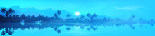 Dark Palm Trees Silhouettes With Water Reflection In Fog, Blue Vector Tropical Banner Background