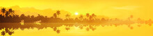 Yellow Tropical Island With Palm Trees Silhouettes Sunset Or Sunrise View In Fog And Clouds, Vector Banner Illustration