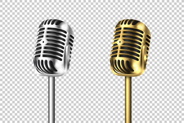 Wall Mural - Vector 3d Realistic Retro Steel Metal Silver and Gold Concert Vocal Microphone Set Closeup Isolated on Transparent Background. Design Template of Vintage Karaoke Mike. Front and Side View