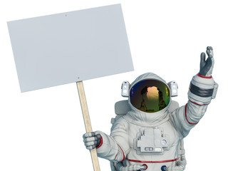 astronaut protesting holding a placard close up view