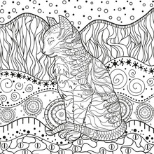 Ornate Cat On Pattern. Hand Drawn Abstract Patterns On Isolation Background. Design For Spiritual Relaxation For Adults. Black And White Illustration For Anti Stress Colouring Page