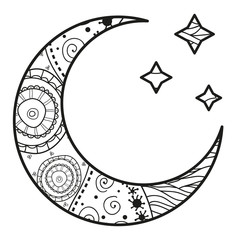 Wall Mural - Crescent moon with stars with abstract patterns on isolation background. Design for spiritual relaxation for adults. Black and white illustration for anti stress colouring page