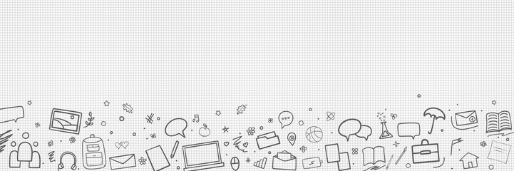 Wall Mural - Back to school. Abstract checkered pattern with school supplies. Graphic paper background. Hand drawn elements. Education concept