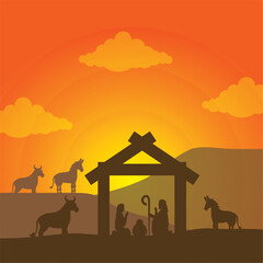 Sticker - celebration merry christmas manger flat design